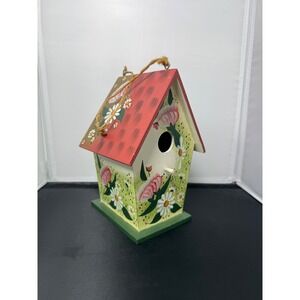 Hand Painted Floral‎ wood Birdhouse Decorative Cottagecore patio Decor 8" tall